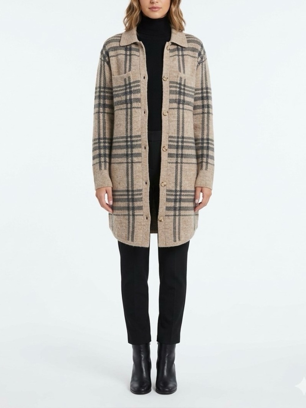 NWT Jessica Simpson Tan Black Plaid Longline Cardigan Shacket M